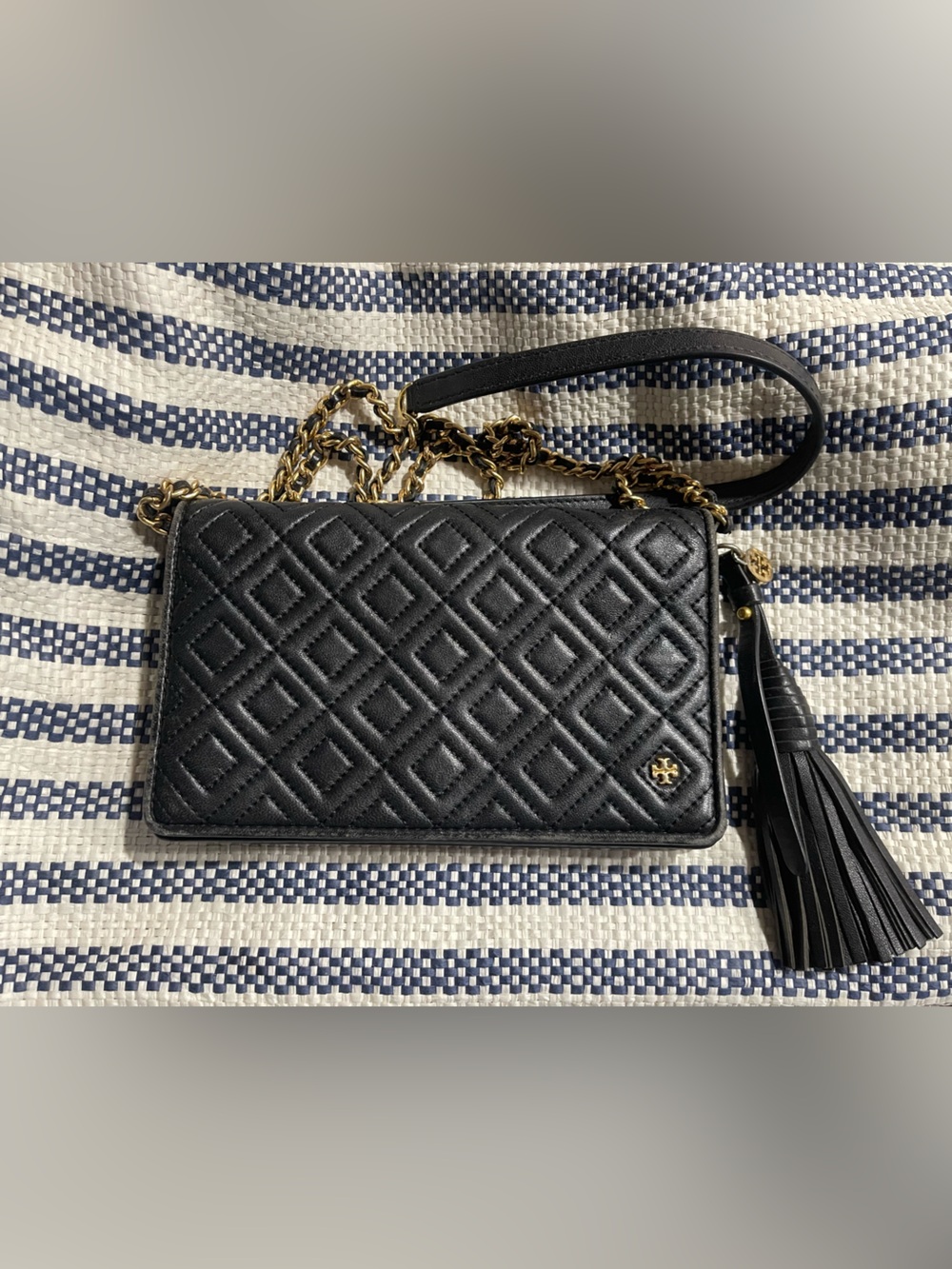 Tory Burch Black Fleming Soft Quilted Leather Wallet on a Chain Crossbody